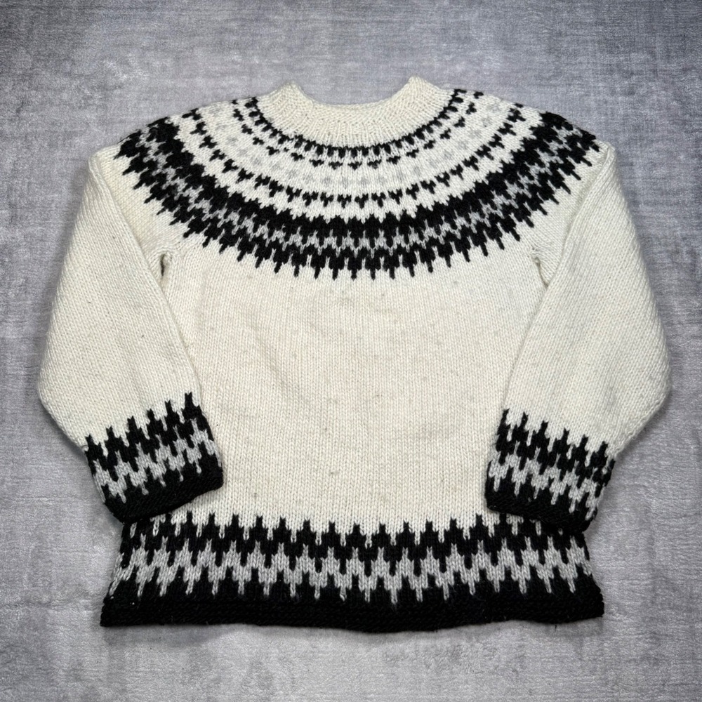 Vintage Handmade Sweater Women Large White 80s Nordic Chunky Knit Ski Fair Isle